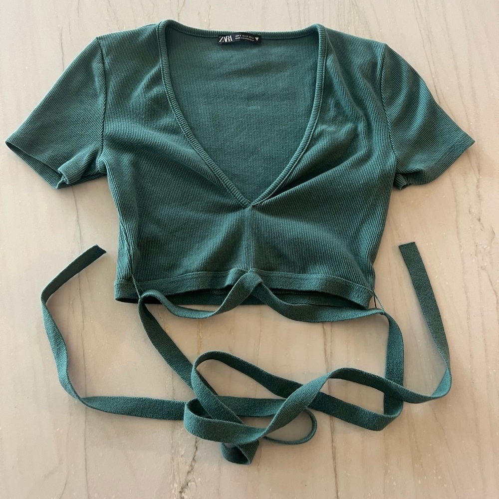 Zara NWT Ribbed Cropped Top with Ties in Sea Green